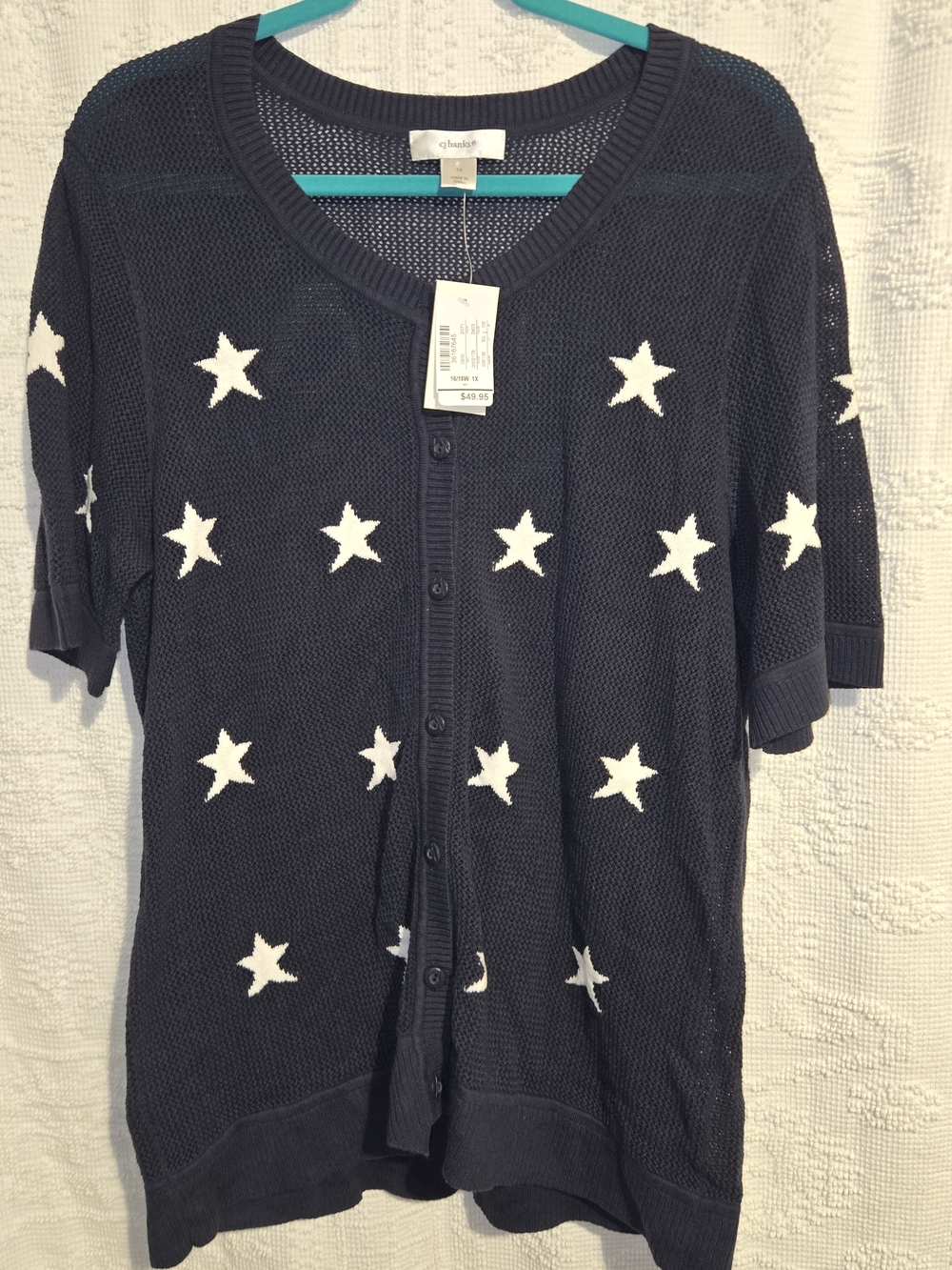CJ BANKS 1x Womens Navy Blue Americana Star-Pattern Lightweight Cardigan Sweater